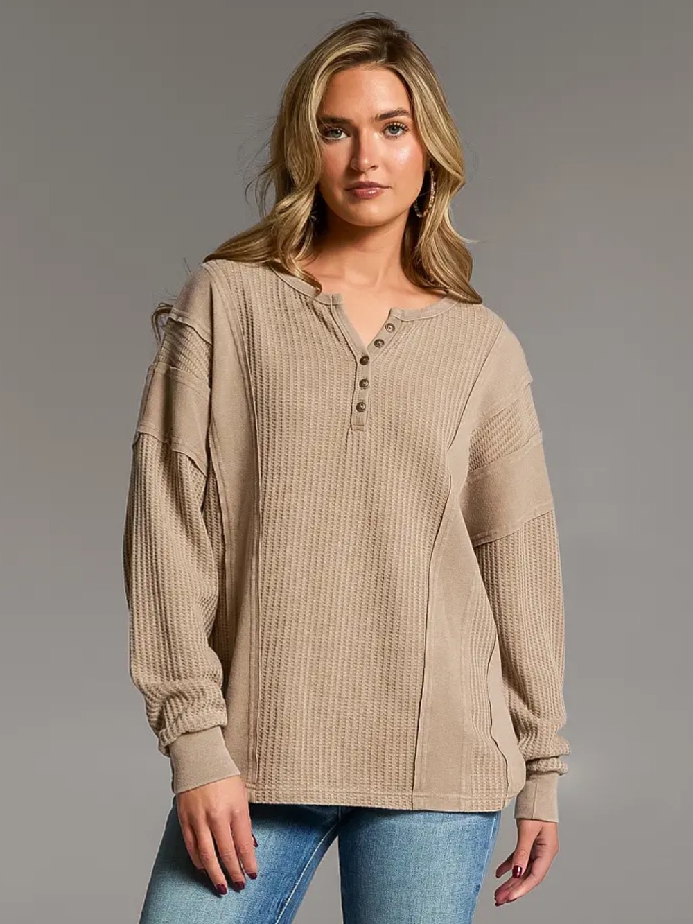 BKE Waffle Knit Henley Shirt in neutral greige color
